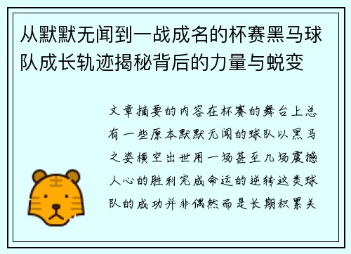 从默默无闻到一战成名的杯赛黑马球队成长轨迹揭秘背后的力量与蜕变