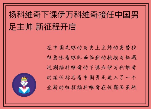 扬科维奇下课伊万科维奇接任中国男足主帅 新征程开启