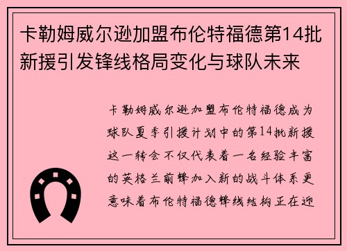 卡勒姆威尔逊加盟布伦特福德第14批新援引发锋线格局变化与球队未来